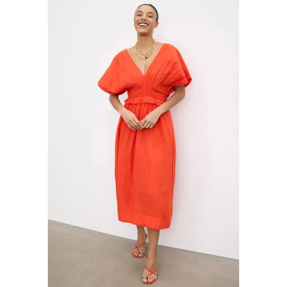 Sea New York Bright Orange V-Neck Midi Dress